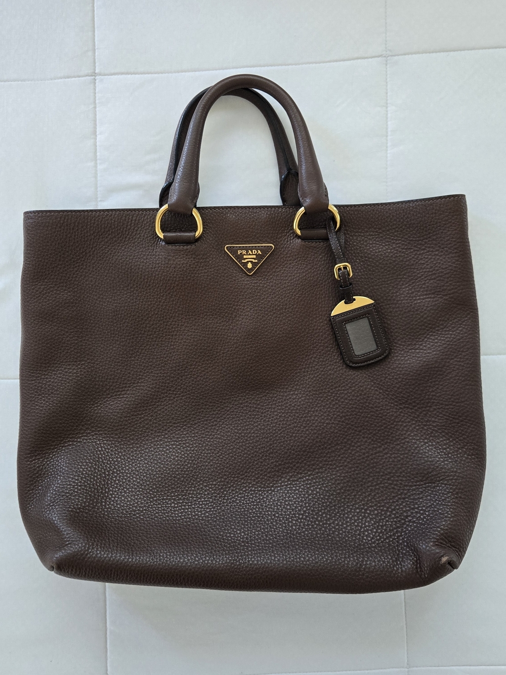 PRADA Brown Vitello Daino Leather Large Shopping Tote Bag
